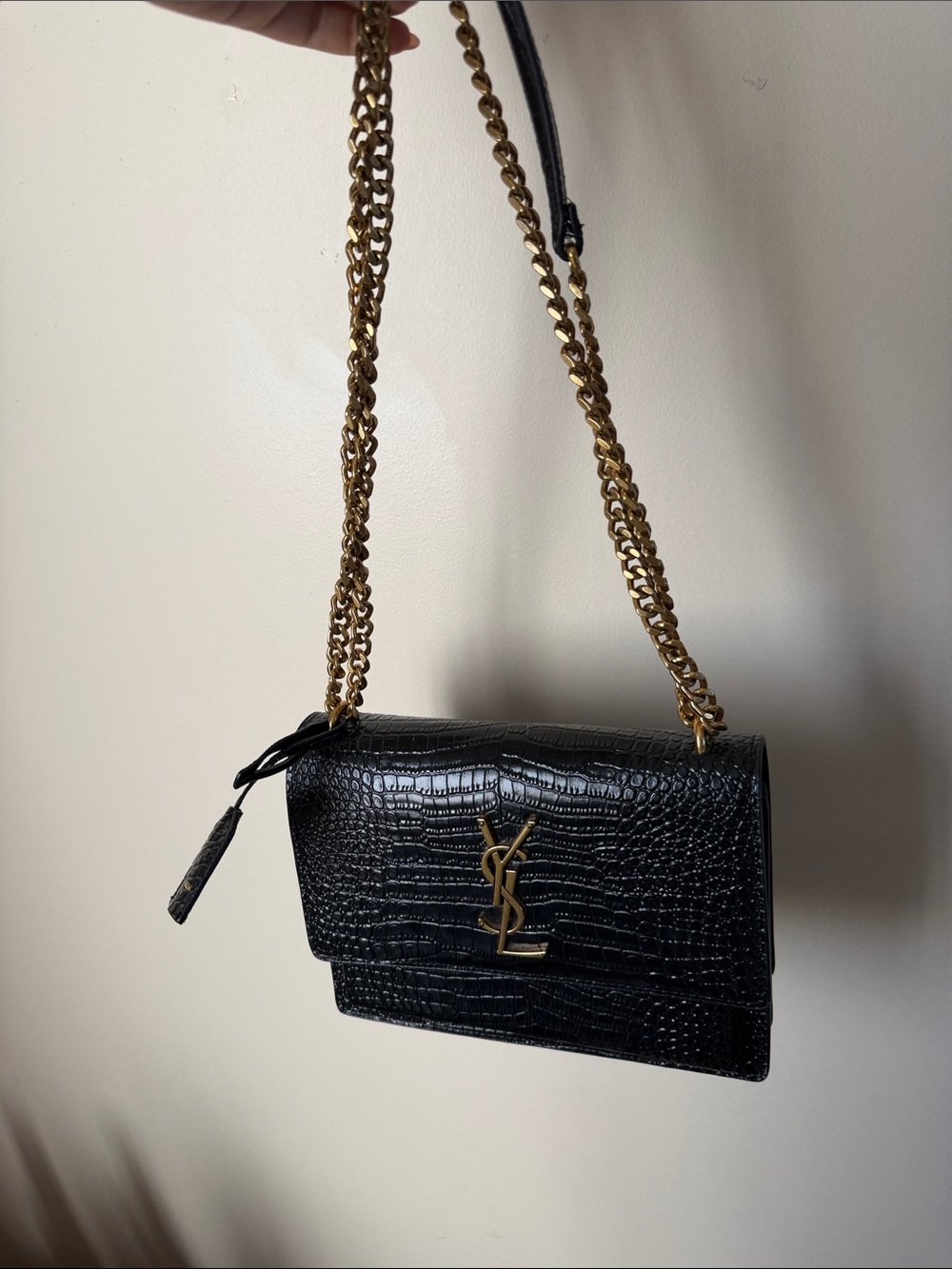 Saint Laurent Black Croc-Embossed Shoulder Bag with Gold Chain and YSL Logo